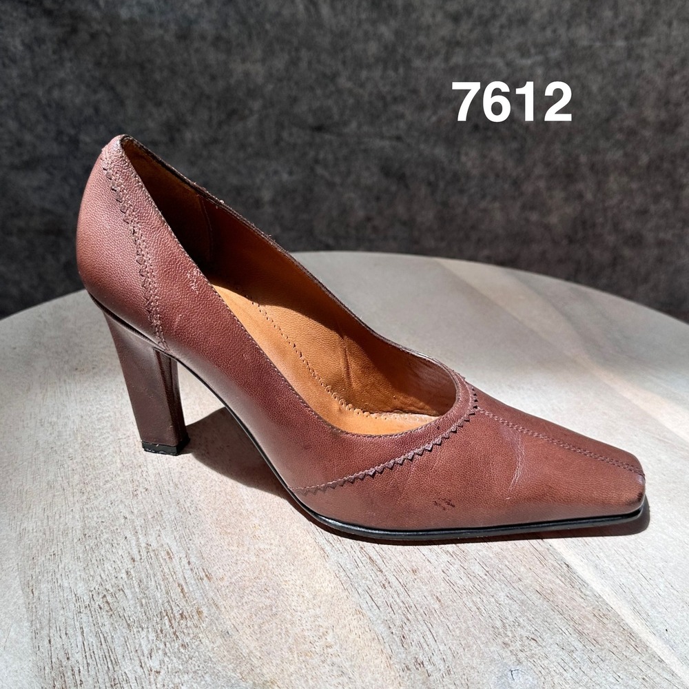 Paez Brown Leather Square Toe Pumps Block Heel Made in Peru Size 36 Womens Heels